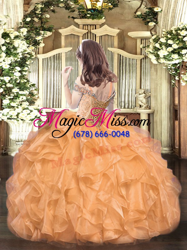 wholesale fancy orange organza lace up off the shoulder sleeveless floor length kids formal wear beading and ruffles