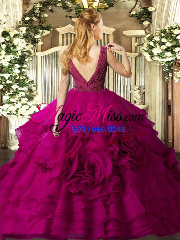 wholesale free and easy fuchsia organza backless v-neck sleeveless floor length quinceanera dress beading and ruching