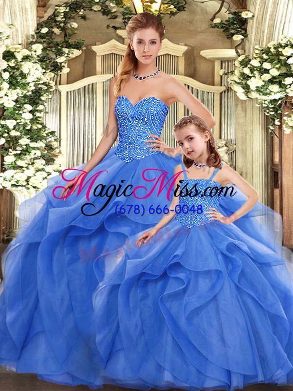 wholesale blue sweetheart lace up beading and ruffles 15th birthday dress sleeveless
