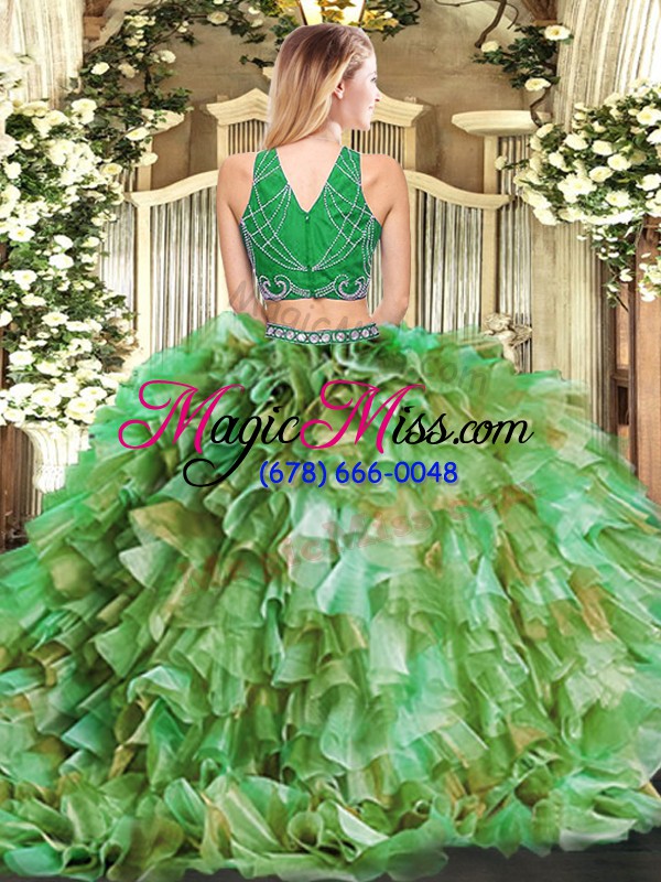 wholesale eye-catching olive green high-neck zipper beading and ruffles quinceanera gown sleeveless