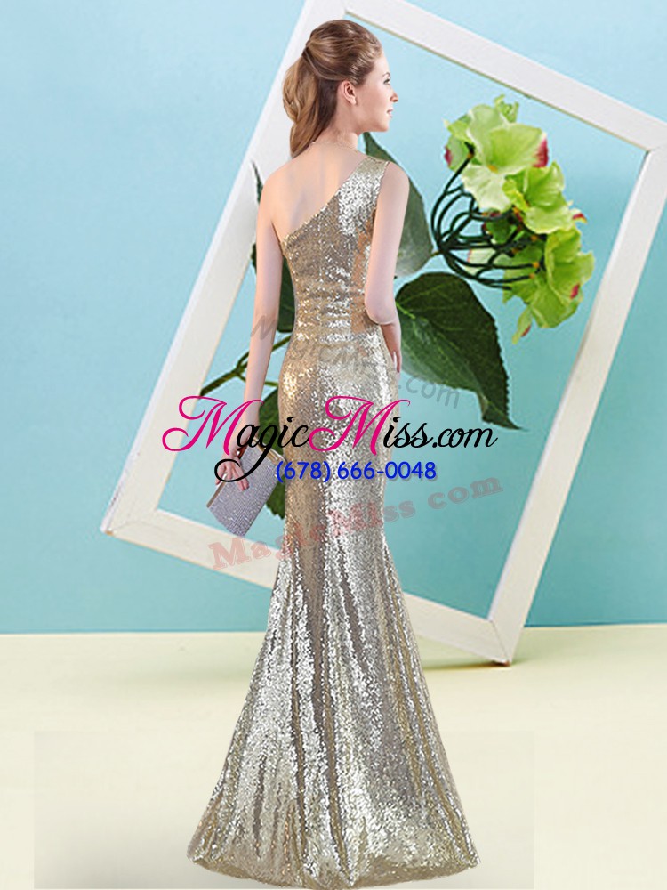 wholesale custom designed champagne mermaid one shoulder sleeveless sequined floor length zipper sequins prom dress