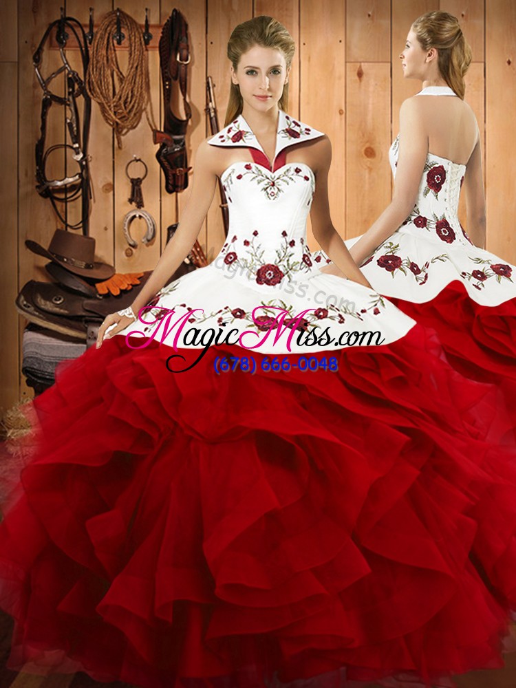 wholesale super floor length wine red vestidos de quinceanera halter top sleeveless lace up