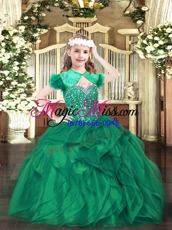 wholesale dark green ball gowns beading and ruffles little girls pageant gowns lace up organza sleeveless floor length