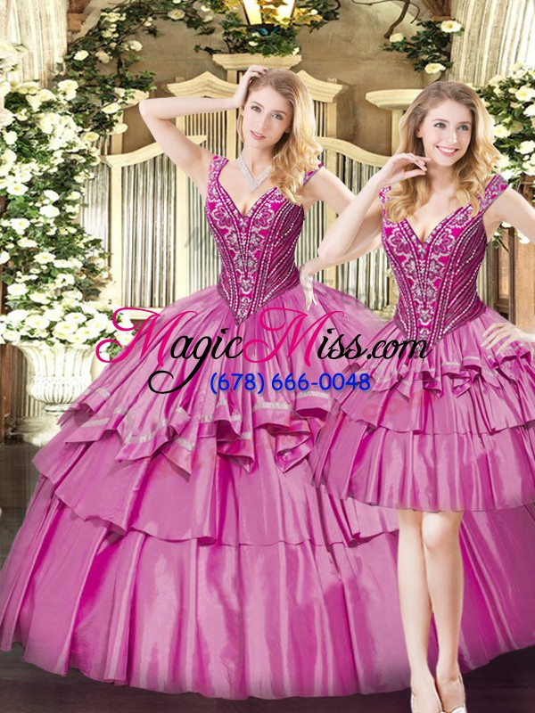 wholesale beading and ruffled layers 15 quinceanera dress fuchsia lace up sleeveless floor length