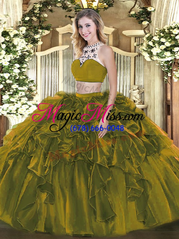 wholesale olive green two pieces tulle high-neck sleeveless beading and ruffles floor length backless ball gown prom dress