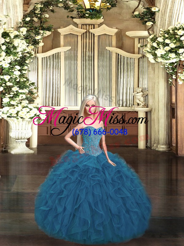 wholesale teal sweetheart lace up beading and ruffles quince ball gowns sleeveless