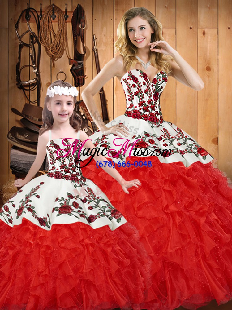 wholesale luxurious floor length lace up sweet 16 dress white and red for military ball and sweet 16 and quinceanera with embroidery and ruffles
