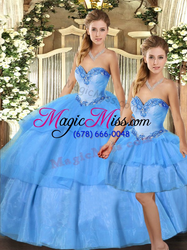 wholesale affordable sweetheart sleeveless sweet 16 dresses floor length beading and ruffled layers baby blue organza