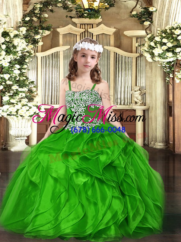 wholesale custom designed green ball gowns straps sleeveless organza floor length lace up appliques and ruffles high school pageant dress