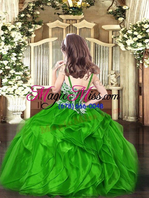 wholesale custom designed green ball gowns straps sleeveless organza floor length lace up appliques and ruffles high school pageant dress
