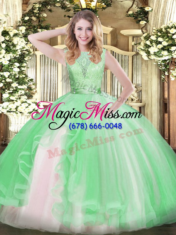 wholesale perfect apple green sleeveless floor length lace and ruffles backless quinceanera dress