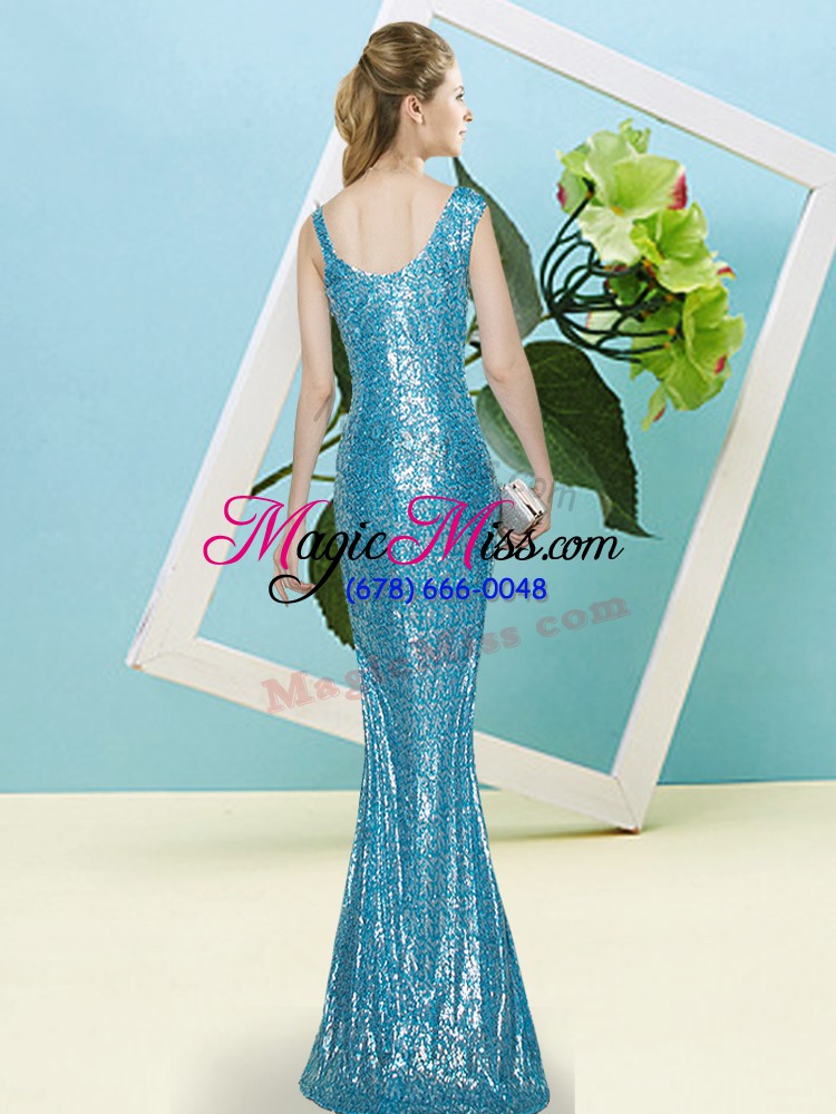 wholesale sleeveless sequined floor length zipper homecoming dress in blue with sequins