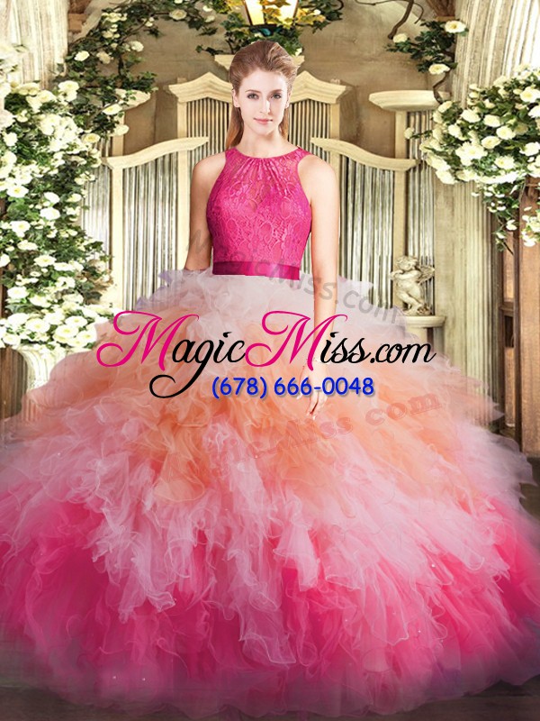 wholesale classical scoop sleeveless organza ball gown prom dress lace and ruffles zipper