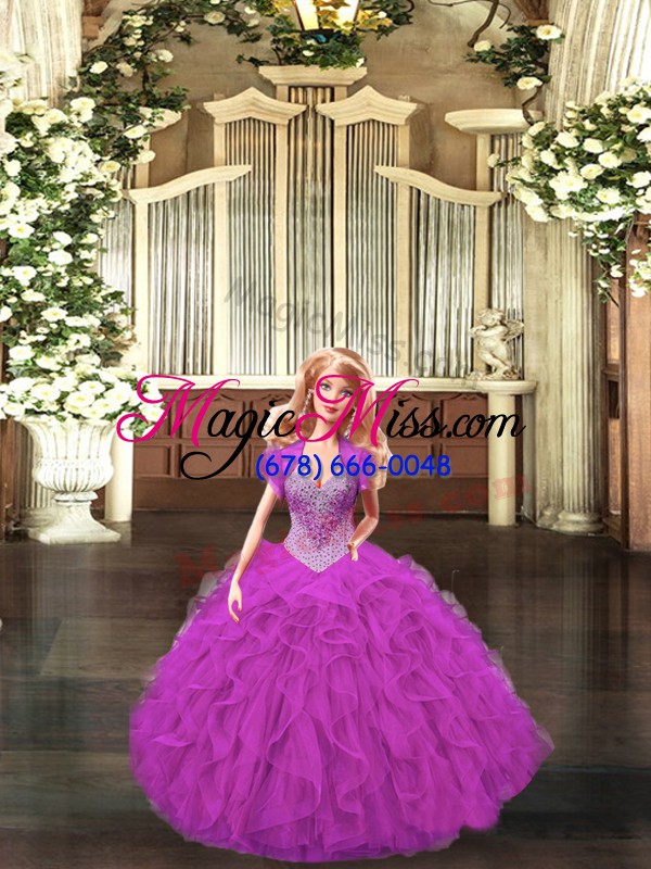wholesale high class sleeveless floor length beading and ruffles lace up sweet 16 quinceanera dress with fuchsia