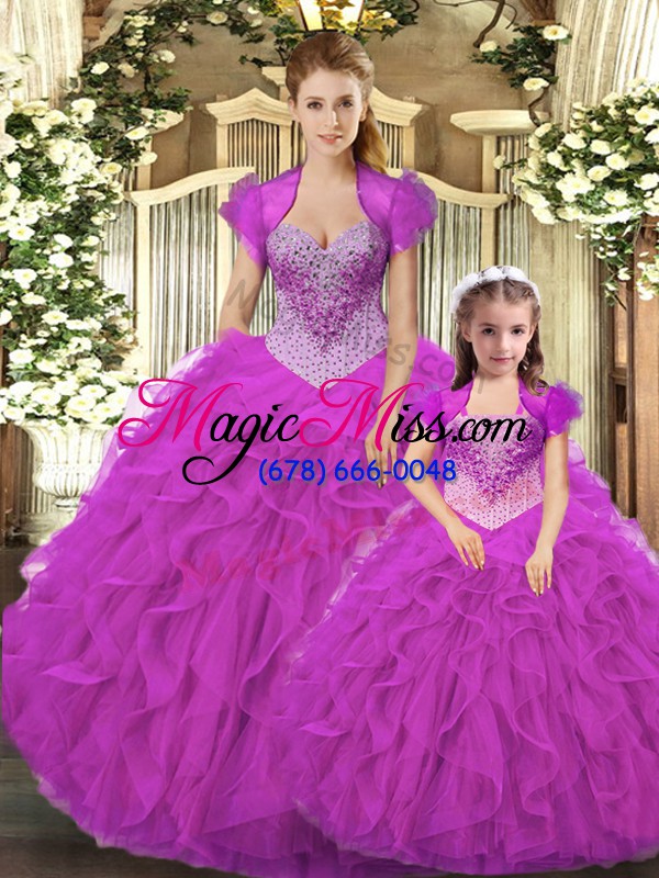 wholesale high class sleeveless floor length beading and ruffles lace up sweet 16 quinceanera dress with fuchsia