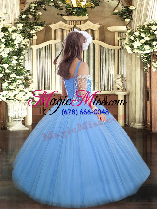 wholesale baby blue sleeveless floor length beading lace up glitz pageant dress