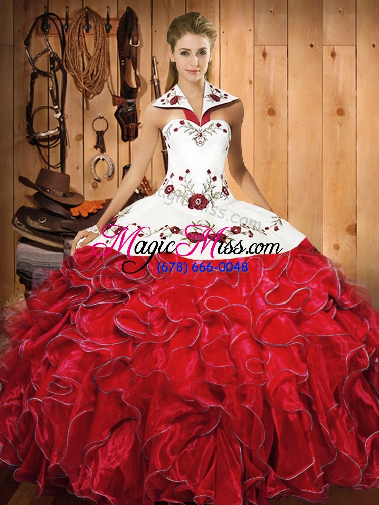 wholesale sleeveless floor length embroidery and ruffles lace up quinceanera gown with wine red