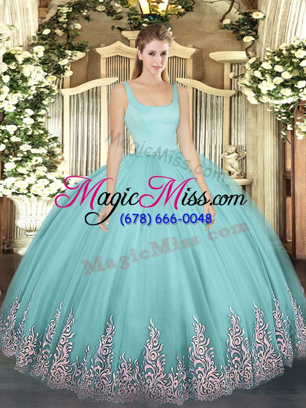 wholesale aqua blue tulle zipper straps sleeveless floor length ball gown prom dress appliques