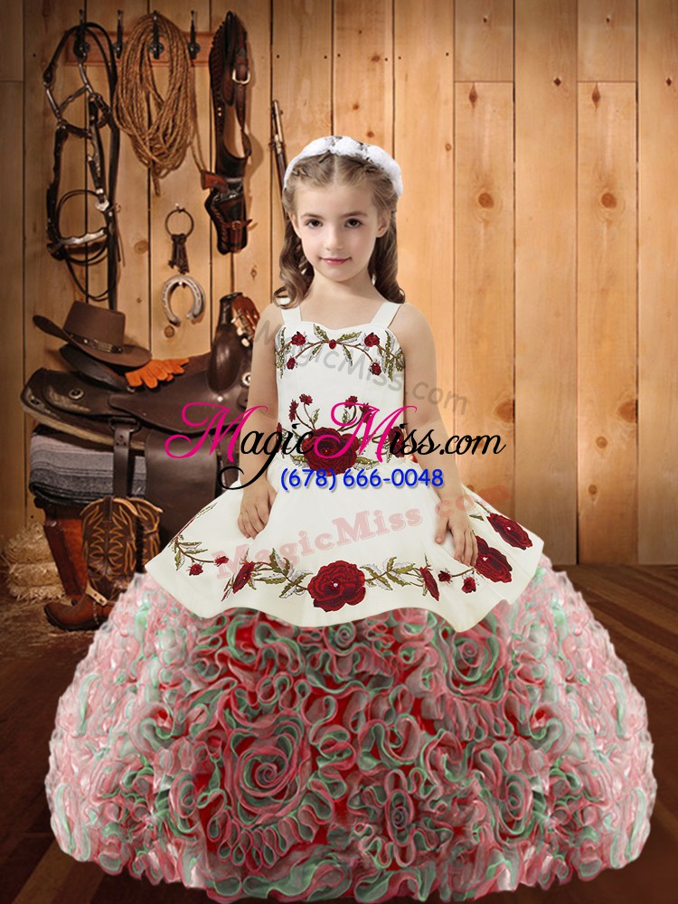 wholesale multi-color fabric with rolling flowers lace up straps sleeveless floor length little girls pageant dress wholesale embroidery and ruffles