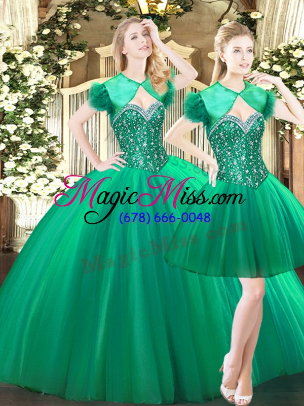 wholesale sleeveless tulle floor length lace up sweet 16 dresses in green with beading
