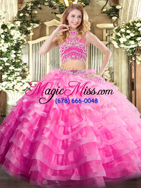 wholesale fantastic floor length backless ball gown prom dress rose pink for military ball and sweet 16 and quinceanera with beading and ruffled layers