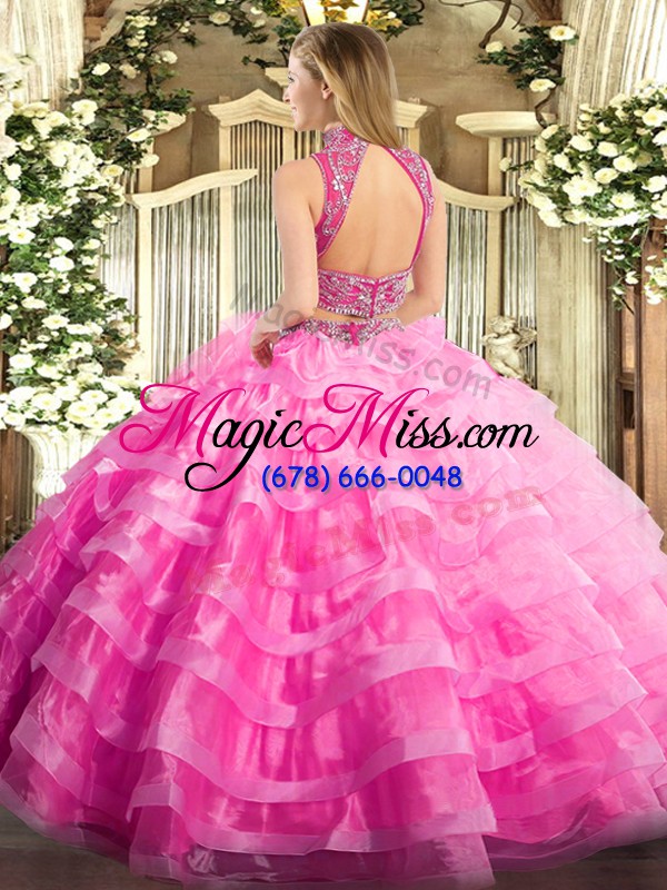 wholesale fantastic floor length backless ball gown prom dress rose pink for military ball and sweet 16 and quinceanera with beading and ruffled layers