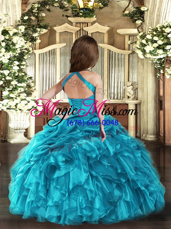 wholesale modern sleeveless organza floor length lace up kids formal wear in baby blue with ruffles and ruching
