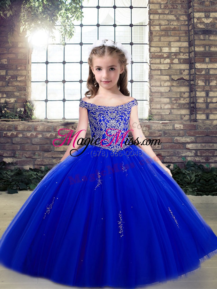 wholesale royal blue sleeveless floor length beading and appliques lace up pageant gowns for girls
