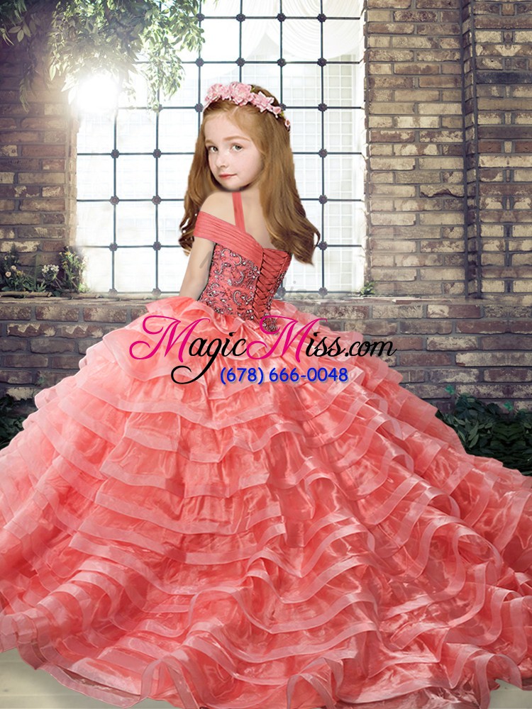 wholesale best organza long sleeves little girls pageant dress brush train and beading and ruffled layers