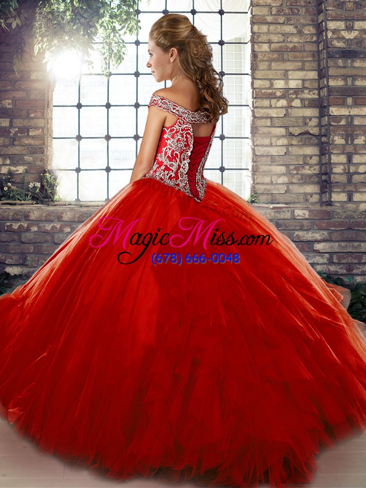 wholesale off the shoulder sleeveless lace up 15th birthday dress red tulle