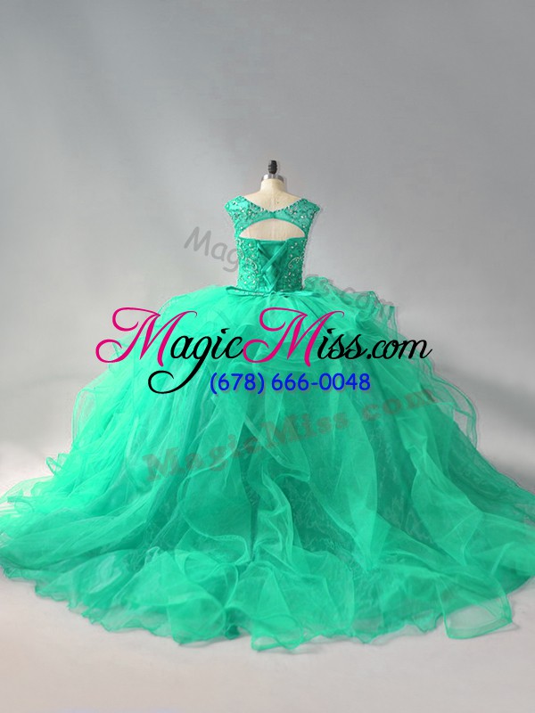 wholesale hot sale scoop sleeveless organza quinceanera gown beading and ruffles lace up