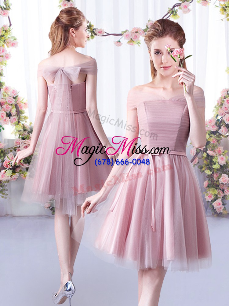 wholesale off the shoulder sleeveless quinceanera court dresses knee length belt pink tulle