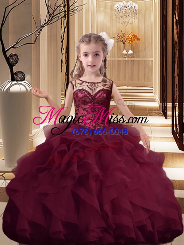 wholesale brush train ball gowns high school pageant dress burgundy scoop organza sleeveless lace up