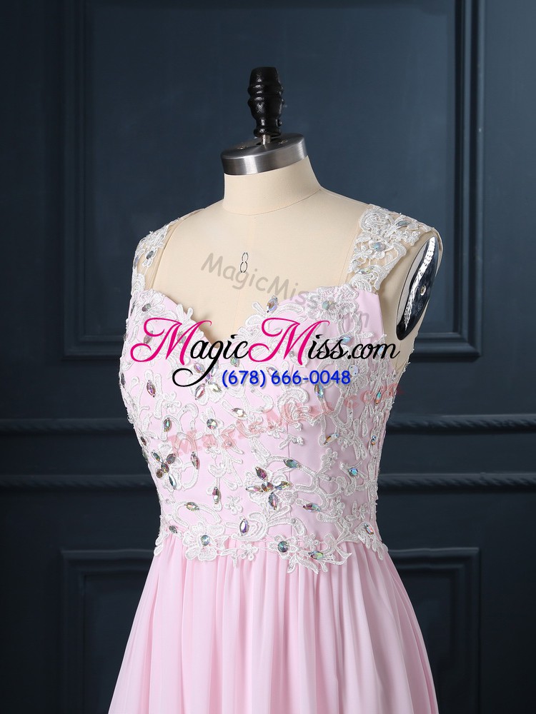 wholesale cap sleeves chiffon floor length backless in baby pink with beading and lace