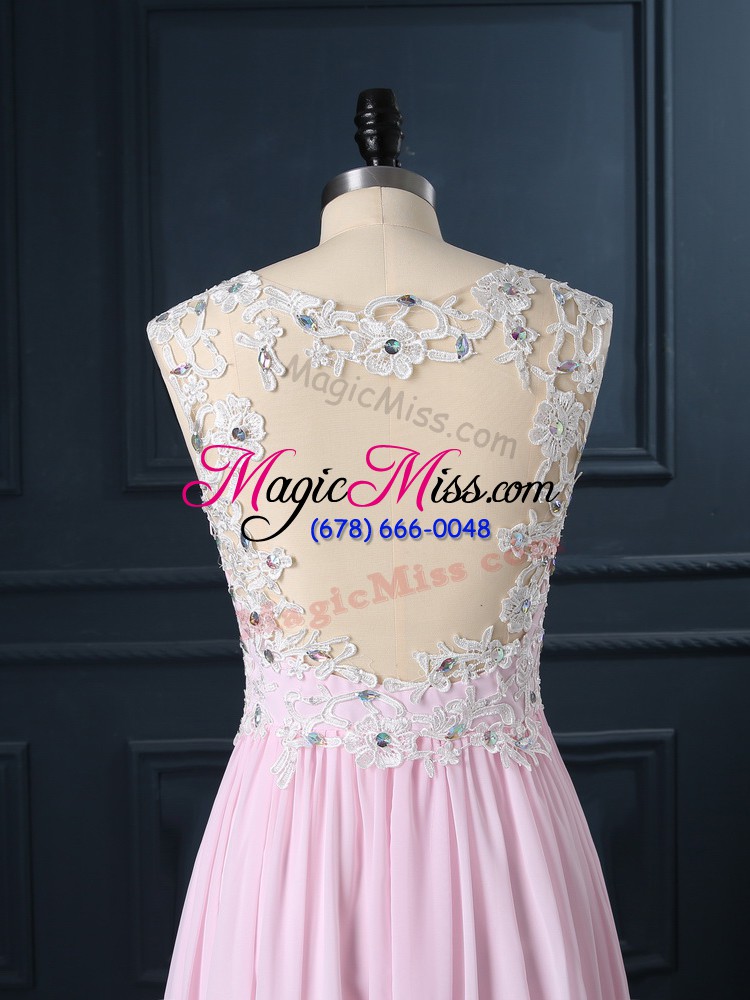 wholesale cap sleeves chiffon floor length backless in baby pink with beading and lace