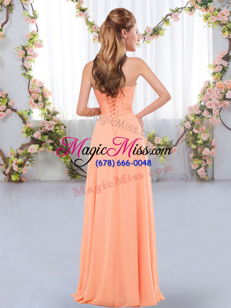 wholesale delicate pink empire ruching bridesmaid gown lace up chiffon sleeveless floor length