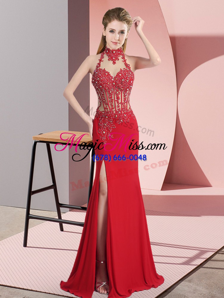 wholesale red backless halter top lace and appliques evening dress chiffon sleeveless