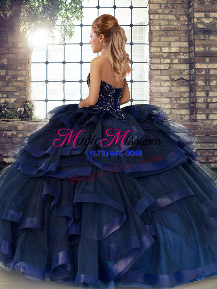 wholesale hot sale tulle sweetheart sleeveless lace up beading and ruffles 15th birthday dress in dark purple