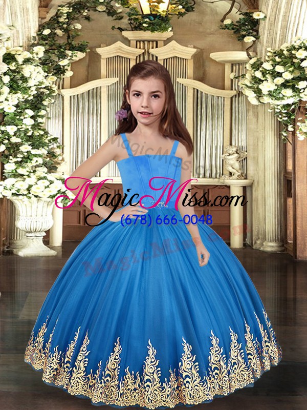 wholesale charming baby blue lace up straps embroidery little girl pageant dress tulle sleeveless