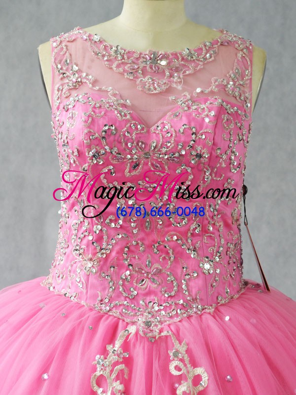 wholesale rose pink lace up scoop beading and appliques 15th birthday dress tulle sleeveless