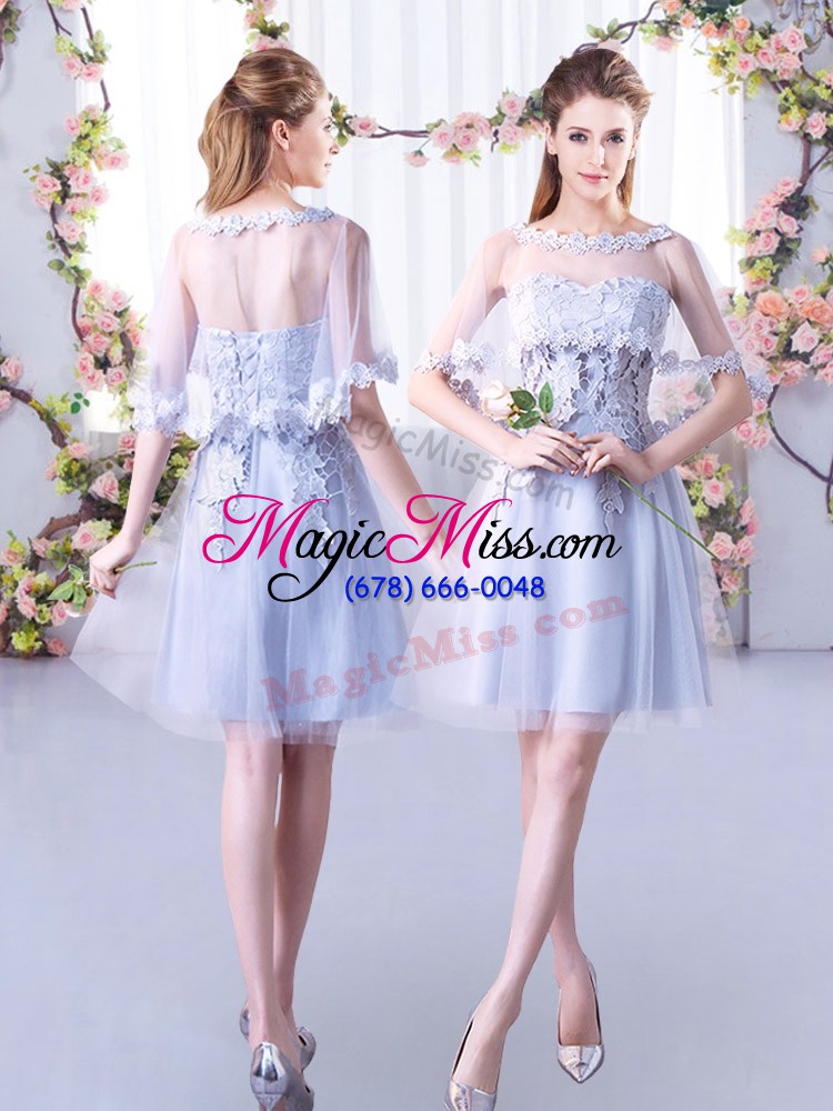 wholesale customized grey lace up v-neck lace wedding guest dresses tulle sleeveless