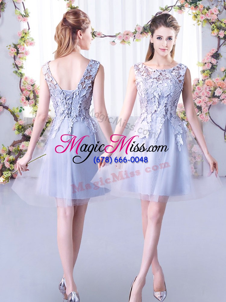 wholesale customized grey lace up v-neck lace wedding guest dresses tulle sleeveless