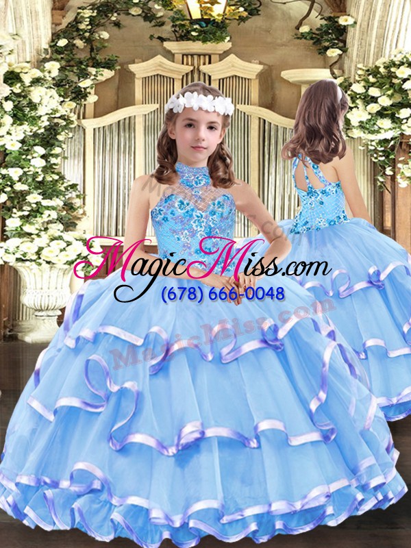 wholesale flare blue ball gowns organza halter top sleeveless embroidery and ruffled layers lace up 15 quinceanera dress