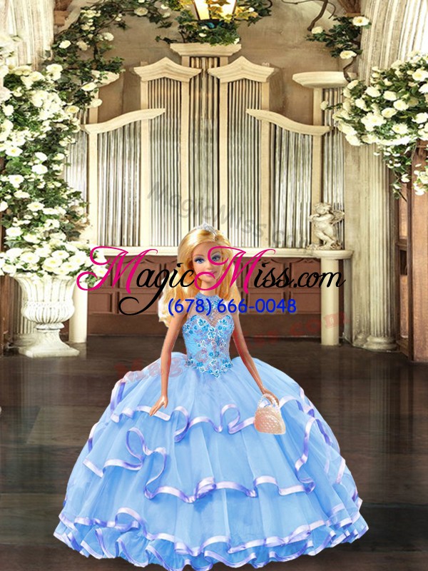 wholesale flare blue ball gowns organza halter top sleeveless embroidery and ruffled layers lace up 15 quinceanera dress