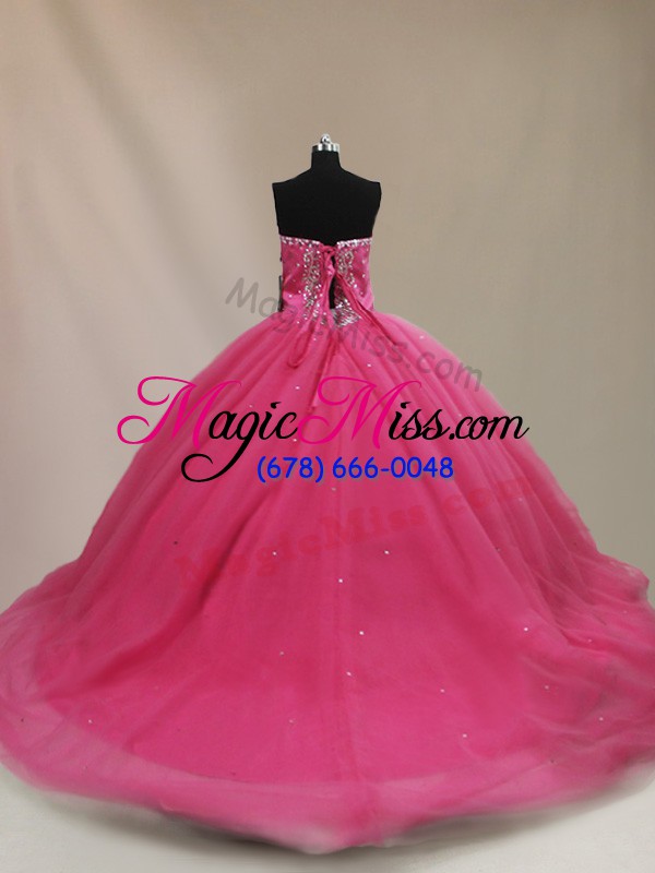 wholesale hot pink vestidos de quinceanera tulle court train sleeveless beading