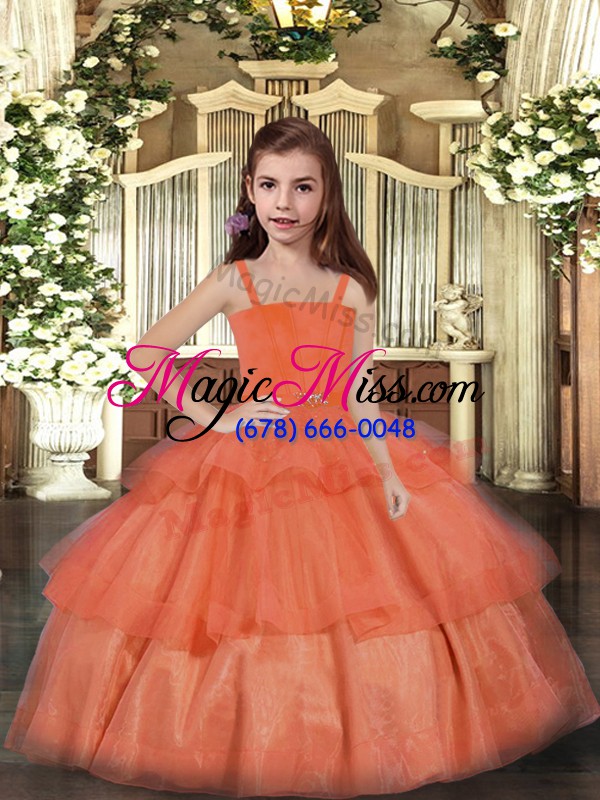 wholesale eye-catching orange red sleeveless floor length ruffled layers lace up little girl pageant gowns