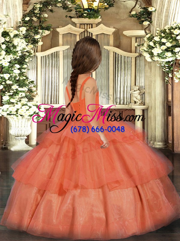 wholesale eye-catching orange red sleeveless floor length ruffled layers lace up little girl pageant gowns