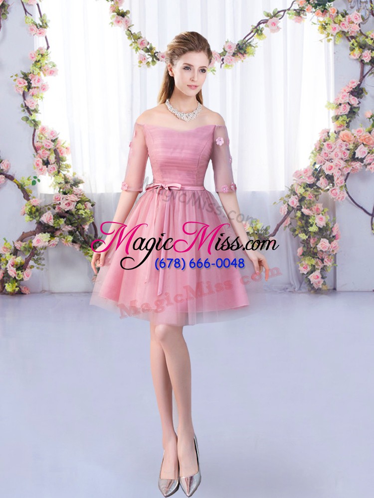 wholesale pink lace up off the shoulder lace and belt bridesmaid gown tulle half sleeves