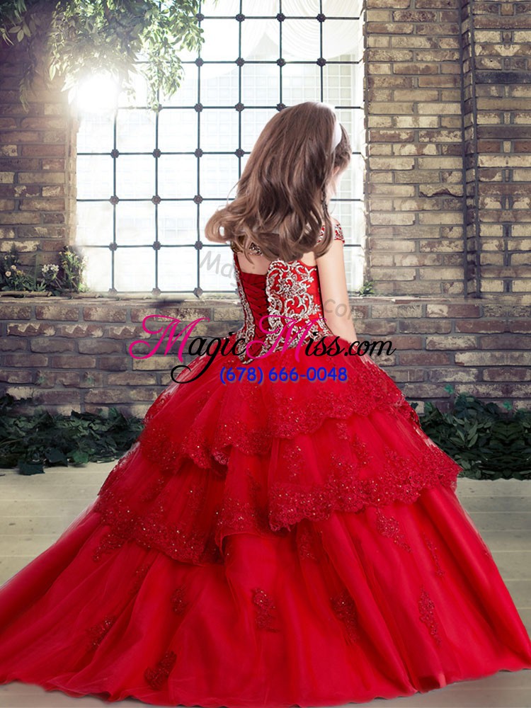 wholesale off the shoulder sleeveless little girls pageant gowns beading and appliques lace up