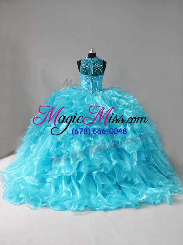 wholesale ball gowns sleeveless aqua blue quinceanera gowns brush train lace up